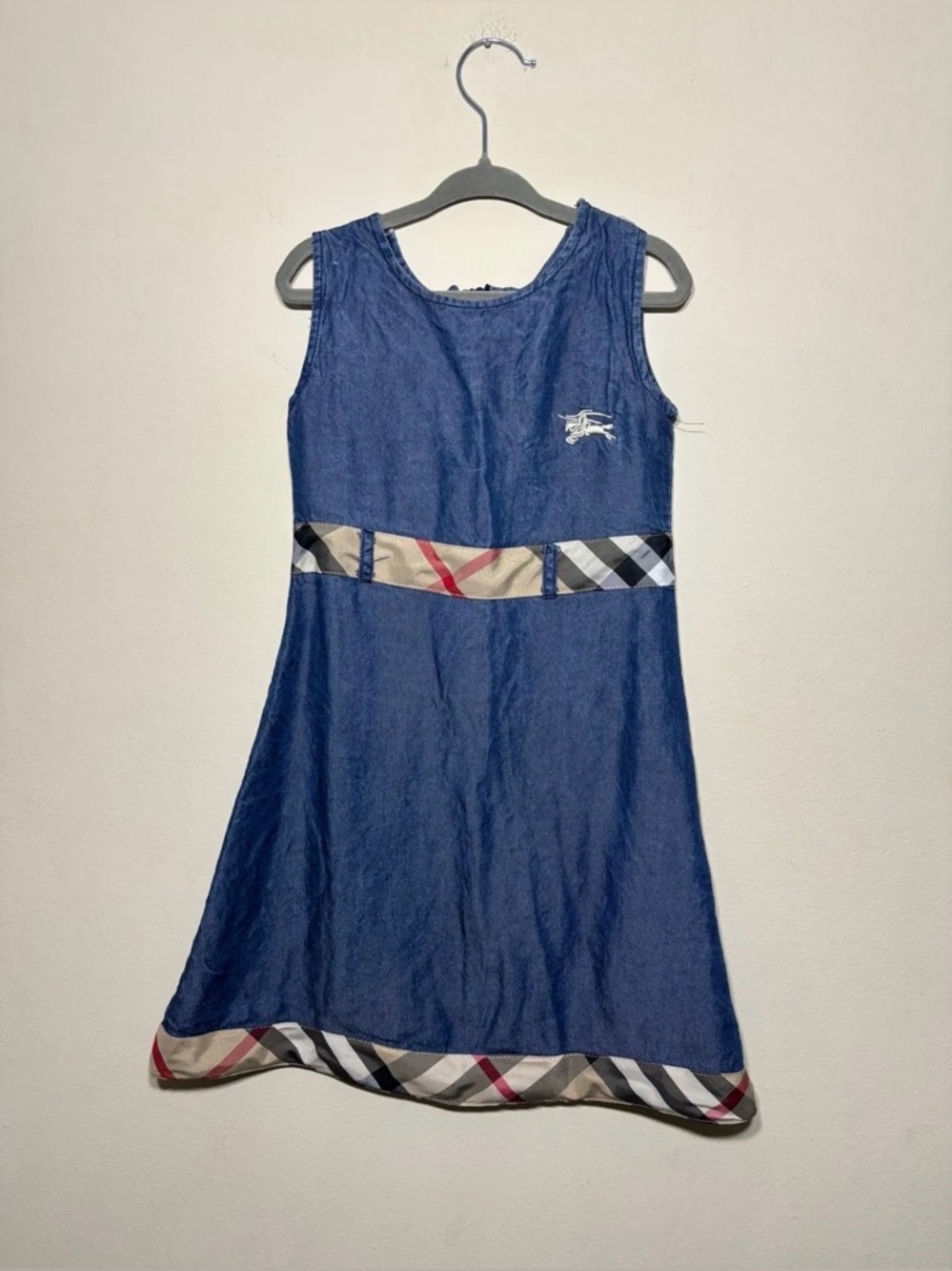 Burberry Navy Blue Sleeveless A-Line Dress with Plaid Trim